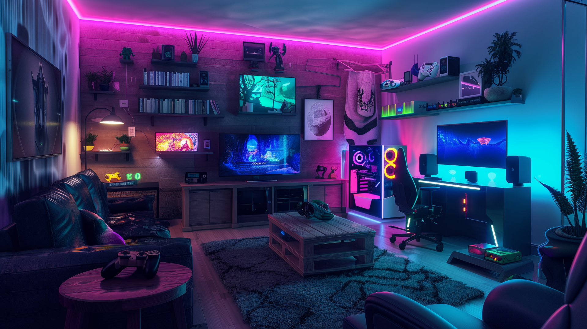 HD desktop wallpaper of a neon-lit gamer's room with multiple screens and gaming setup, featuring vibrant purple and blue lights.