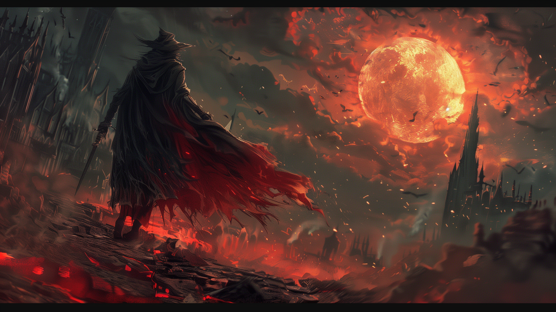 HD wallpaper of Bloodborne, showcasing a post-apocalyptic landscape with a cloaked figure staring at a large, fiery moon amidst dark, jagged structures and a desolate, burning ground.
