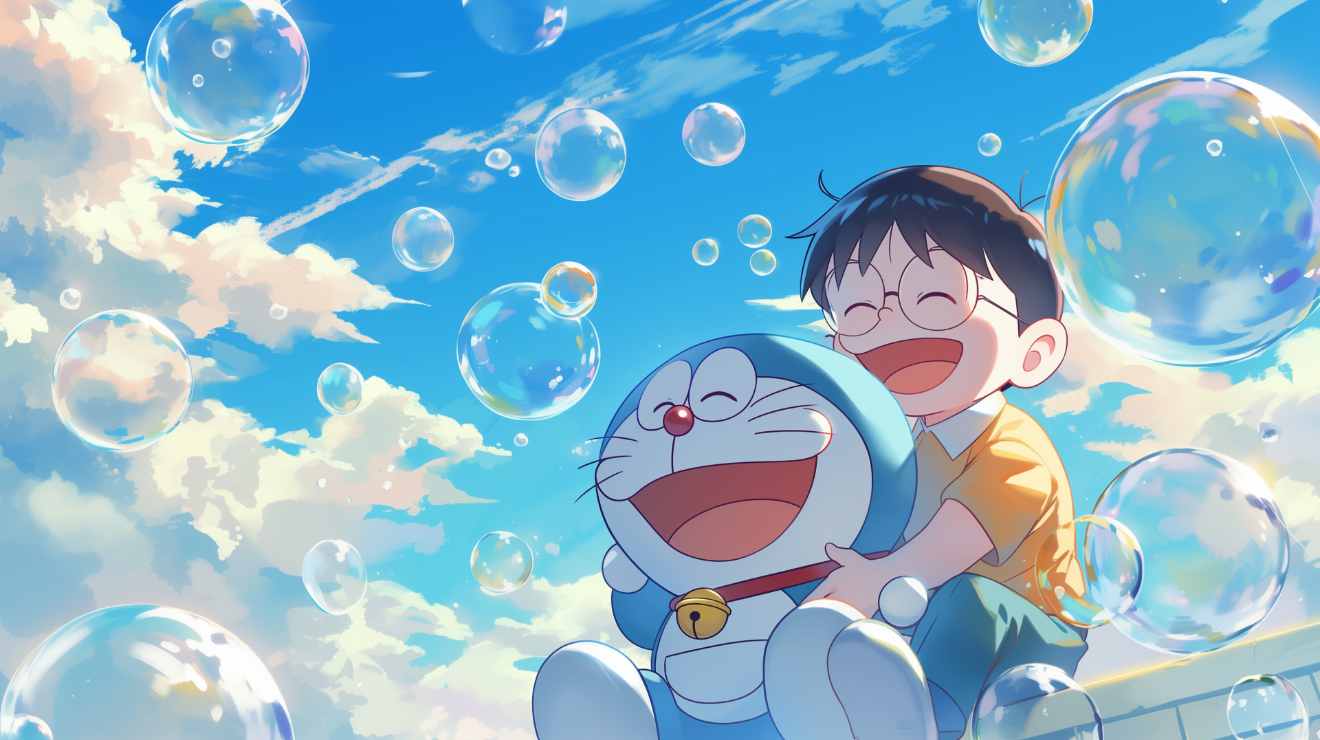 An HD desktop wallpaper featuring kawaii anime characters from Doraemon, surrounded by bubbles against a vibrant blue sky with scattered clouds.