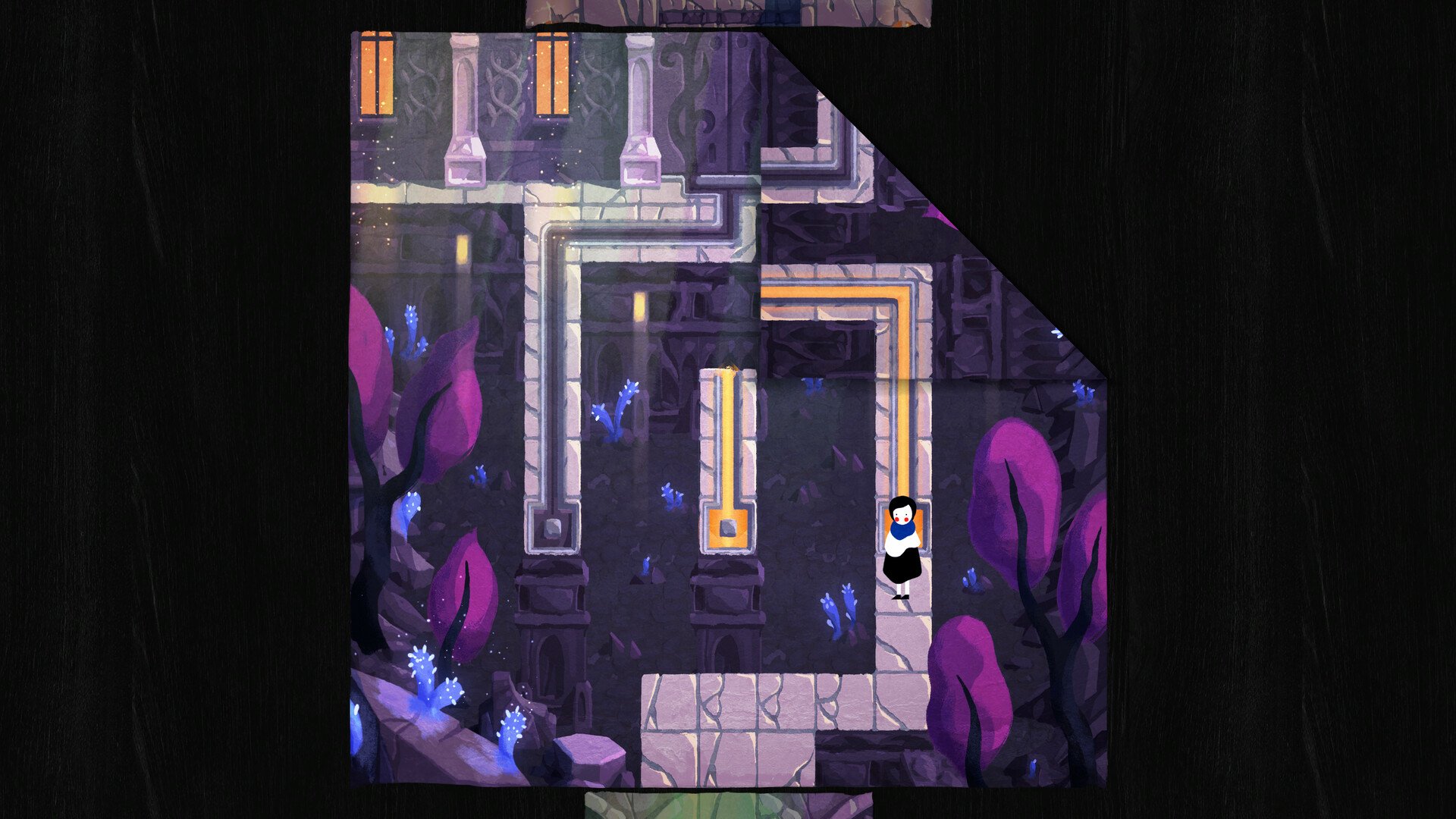 HD desktop wallpaper featuring a scene from the video game Paper Trail. The image showcases a character navigating a labyrinth-like path surrounded by glowing purple and blue flora.