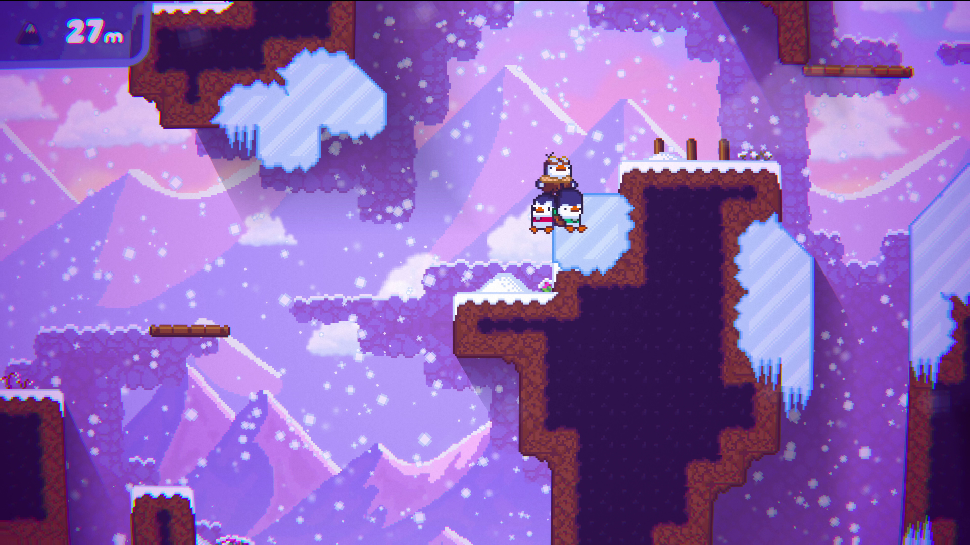 HD desktop wallpaper of the video game Bread & Fred featuring two characters climbing a mountain in a snow-covered, pixel art landscape.