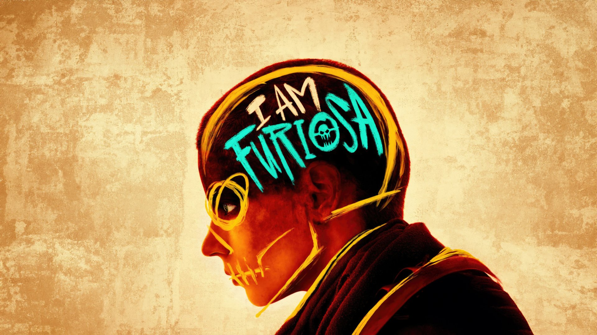 HD desktop wallpaper featuring artwork from the movie Furiosa: A Mad Max Saga, with a vibrant profile of a character and the text I AM FURIOSA displayed prominently.