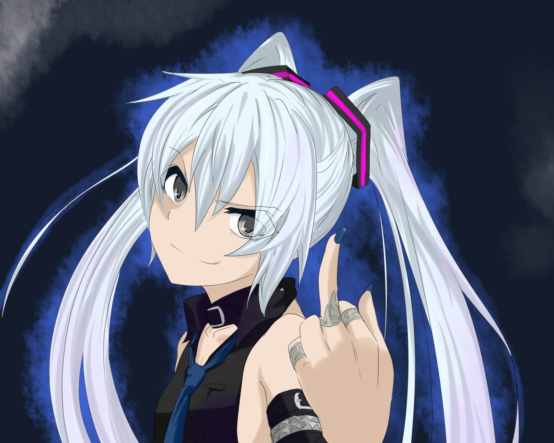 HD PC desktop wallpaper/background of a Valkyria Chronicles video game character — white twin‑tail anime girl with piercing blue eyes, a confident smirk and a raised hand against a stormy blue sky.