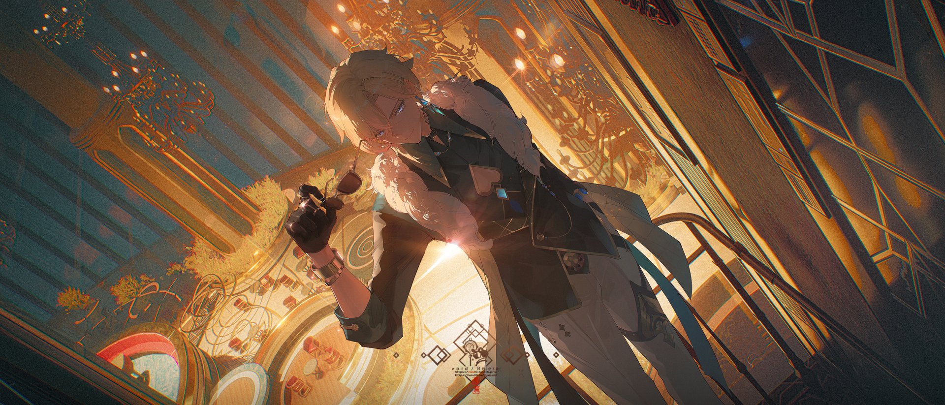 HD desktop wallpaper featuring Aventurine, a boy character from Honkai: Star Rail, depicted in a stylish pose with warm, intricate golden lighting and detailed background.