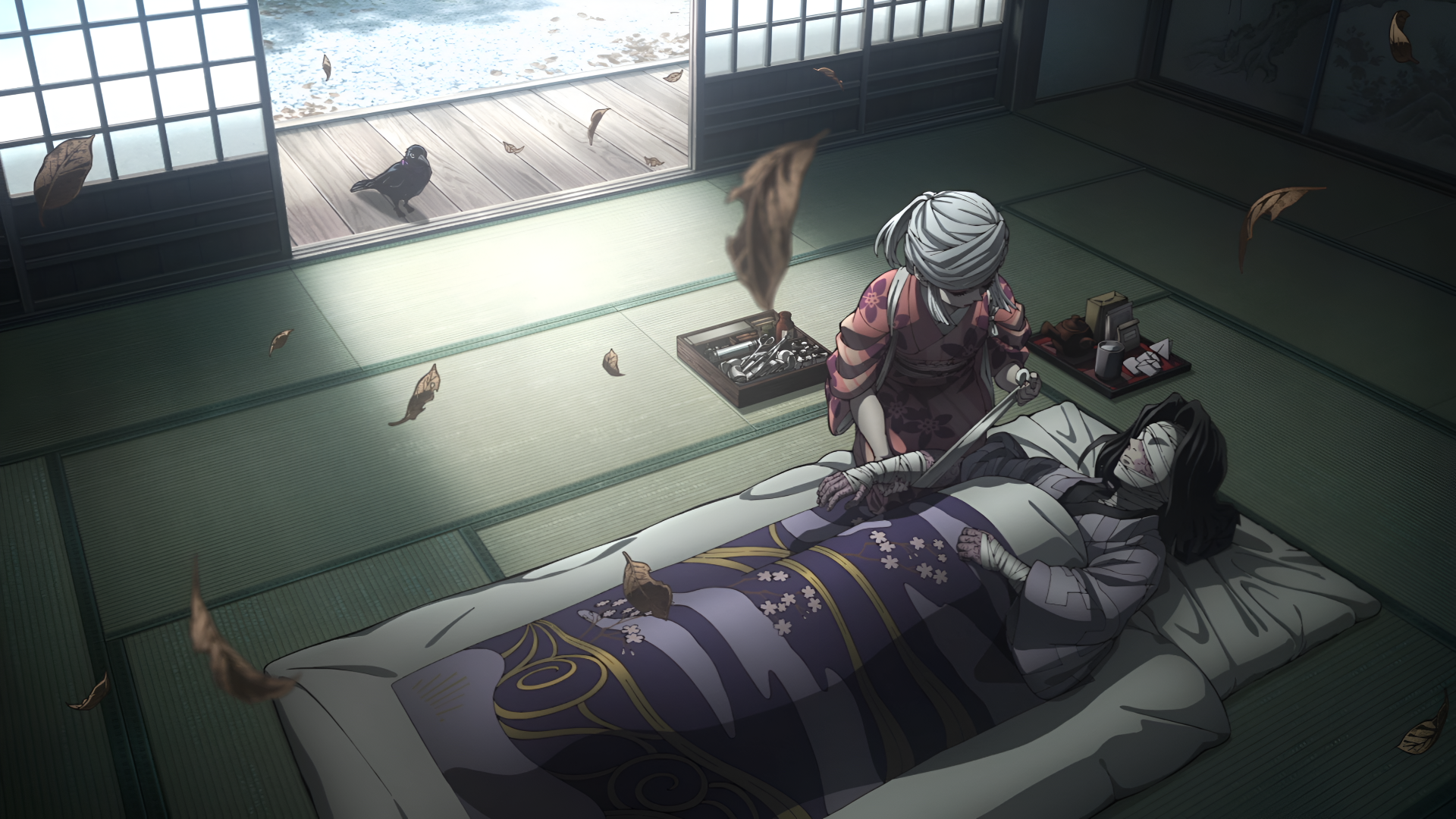 4K Ultra HD Demon Slayer: Kimetsu no Yaiba anime wallpaper depicting a serene indoor scene with one character resting while another attends to them, with leaves drifting inside.