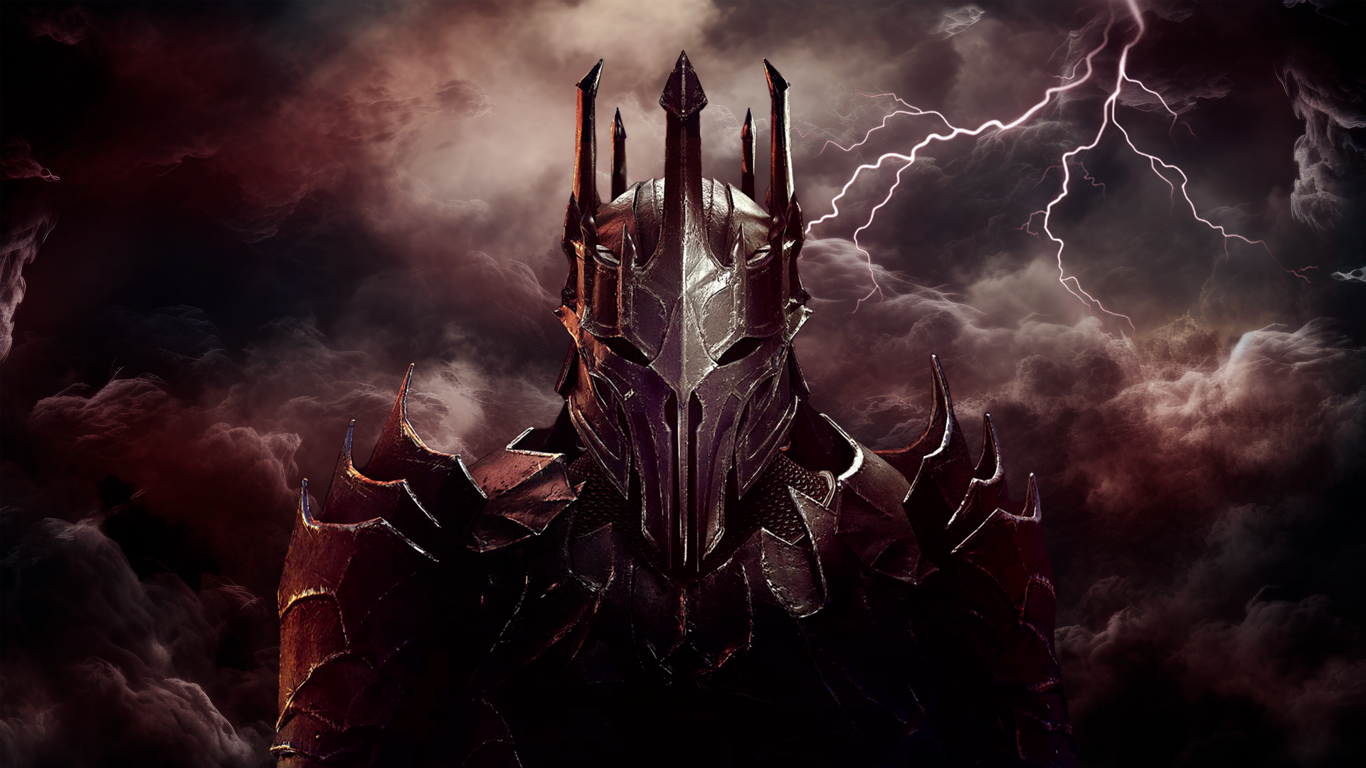 Sauron from The Lord of the Rings stands ominously in dark armor beneath stormy skies and lightning, captured in a detailed 4K Ultra HD PC desktop wallpaper.