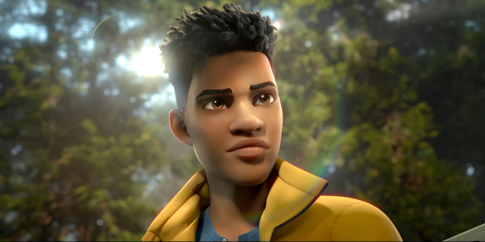 Animated character in a yellow jacket stands in a sunlit forest, gazing thoughtfully ahead. This image is tagged as a HD desktop wallpaper and background from the TV show, Jurassic World: Chaos Theory.