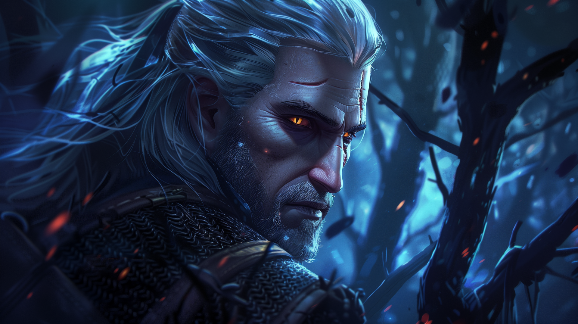 HD desktop wallpaper of Geralt of Rivia from The Witcher 3: Wild Hunt. He is shown with a piercing gaze amid a dark, mystical forest background.