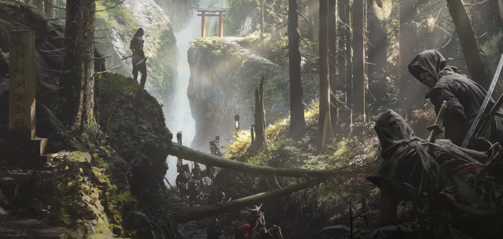 HD desktop wallpaper featuring a scene from the video game Assassin's Creed Shadows. Hooded figures are in a dense forest with a waterfall and a torii gate, creating a mysterious and immersive atmosphere.