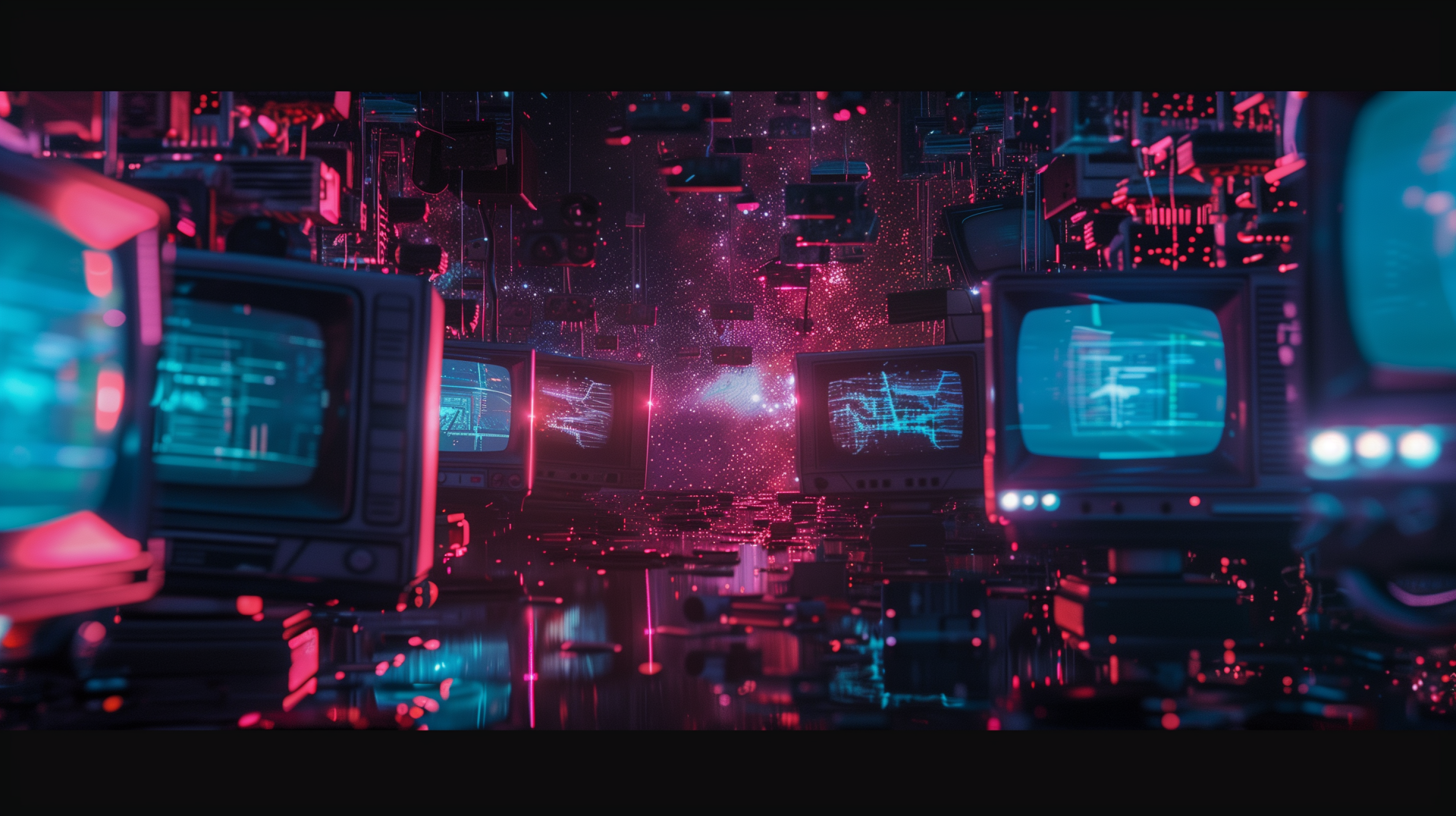HD desktop wallpaper from Wallpaper Abyss featuring a cyberpunk-inspired scene with multiple retro monitors emitting a vibrant pink and blue glow, creating a futuristic atmosphere.