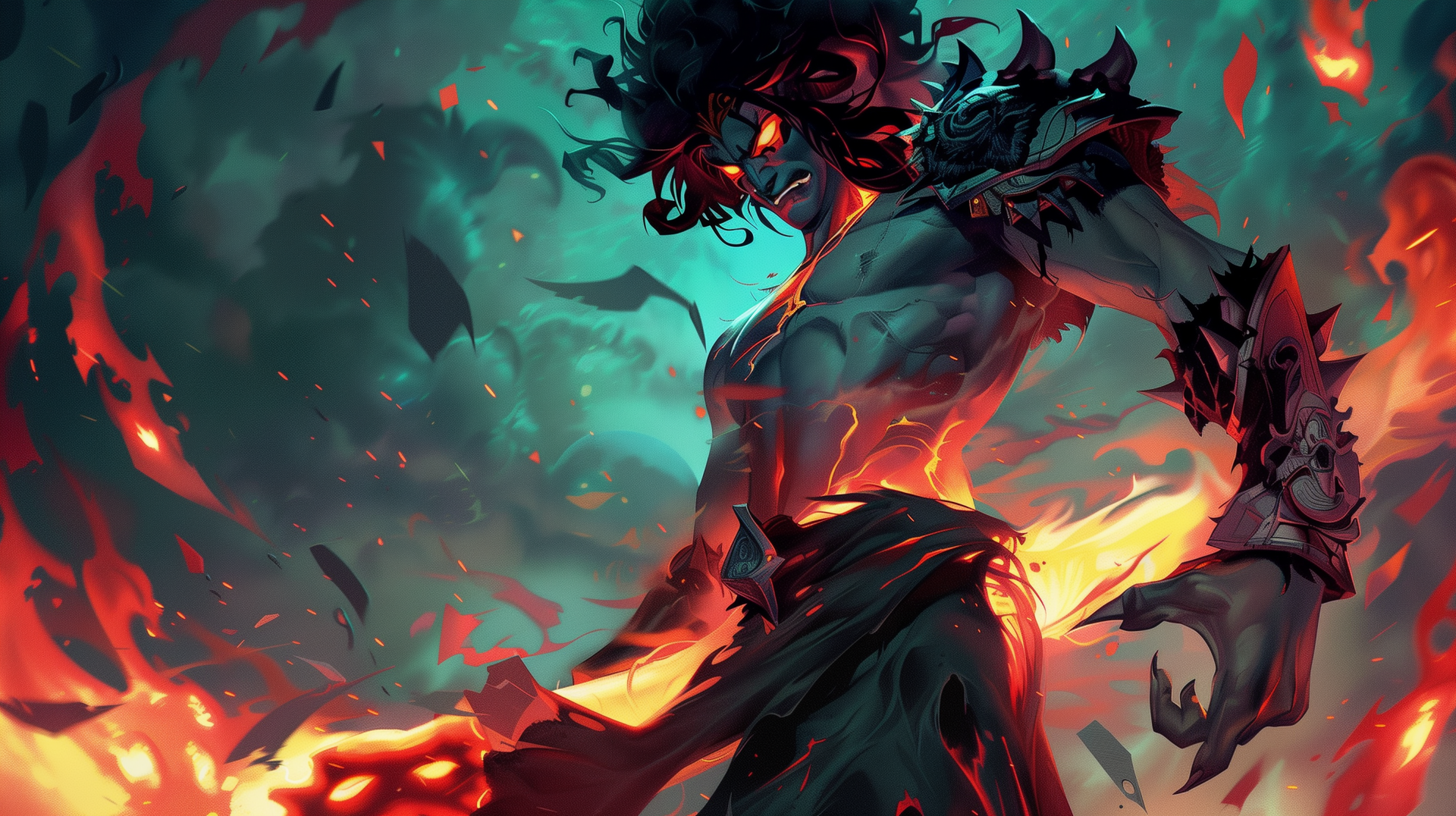 HD desktop wallpaper and background featuring a character from the video game Hades, surrounded by fiery and smoky elements, showcasing intense colors and dynamic motion.