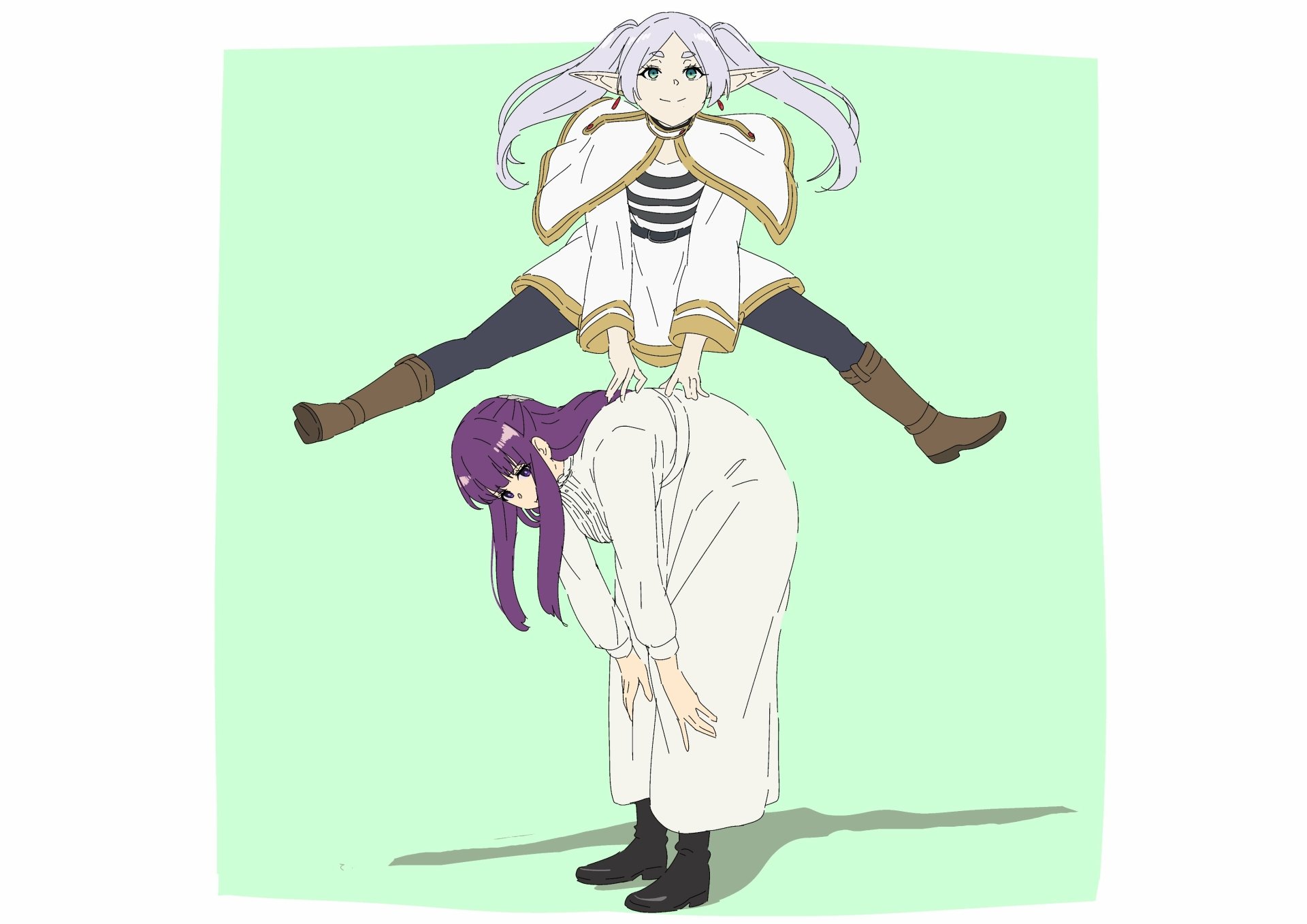 4K Ultra HD anime wallpaper featuring Frieren and Fern from Frieren: Beyond Journey's End in a playful pose against a light green background.