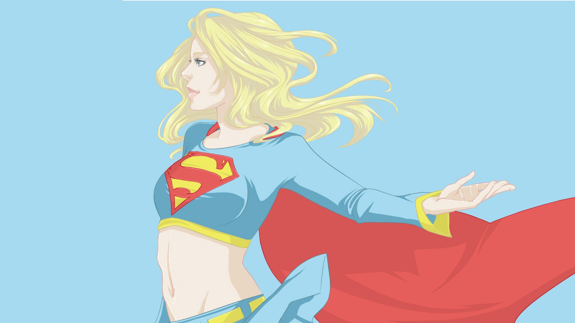 A vibrant HD desktop wallpaper featuring Supergirl in a dynamic pose, showcasing her signature blue and red costume with a flowing cape against a light blue background.