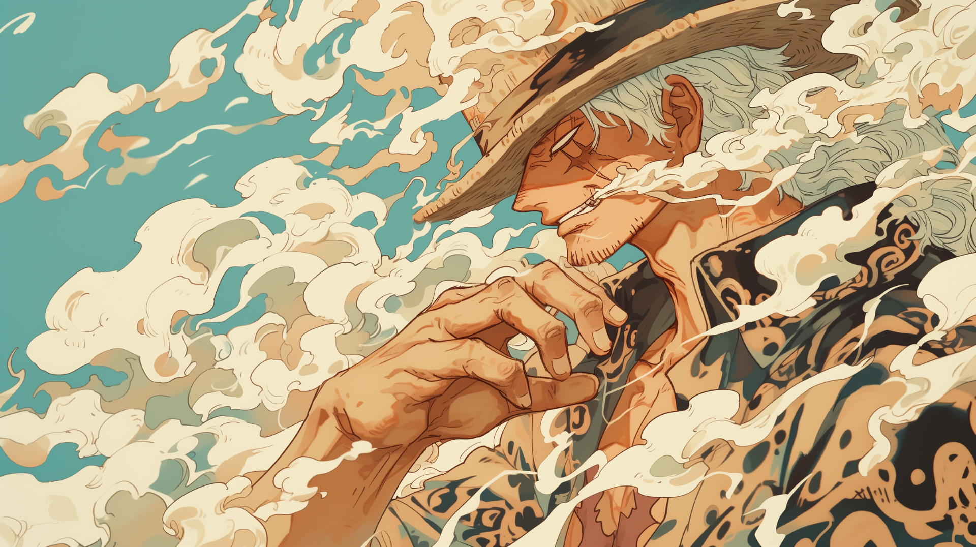 A dynamic HD desktop wallpaper featuring a character from the anime One Piece in Gear 5, surrounded by stylized smoke with a confident expression.
