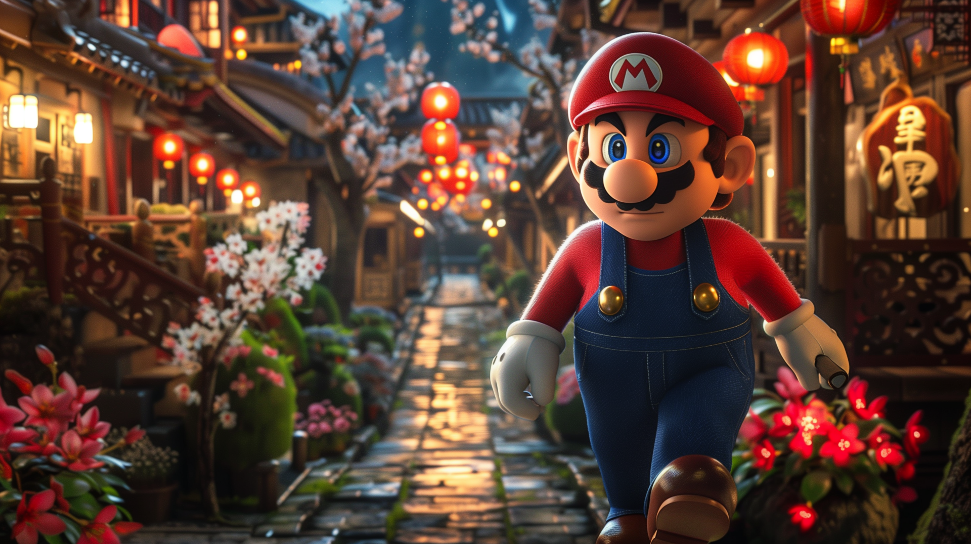 HD desktop wallpaper of Mario from Super Mario Bros. strolling through a beautifully lit village adorned with lanterns and blossoming flowers, creating a vibrant and enchanting atmosphere.