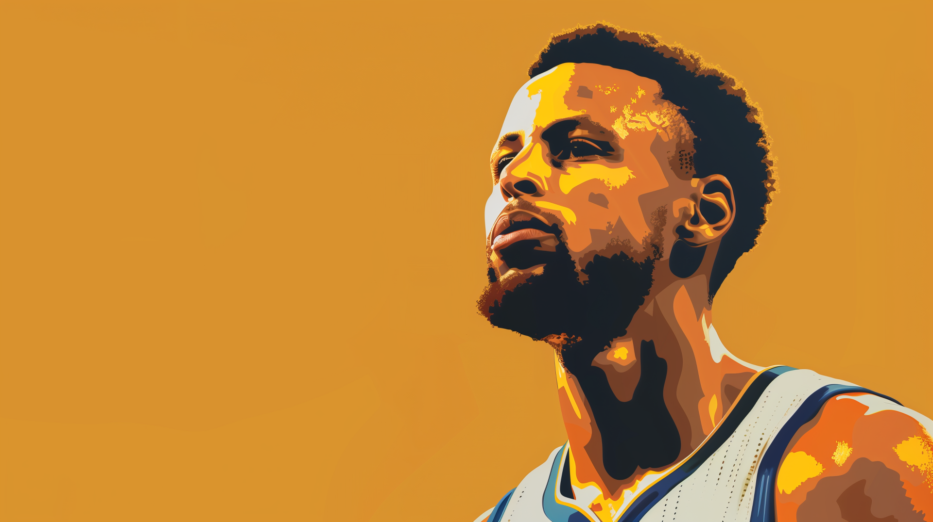 HD desktop wallpaper with an illustration of NBA player Stephen Curry against an orange background.