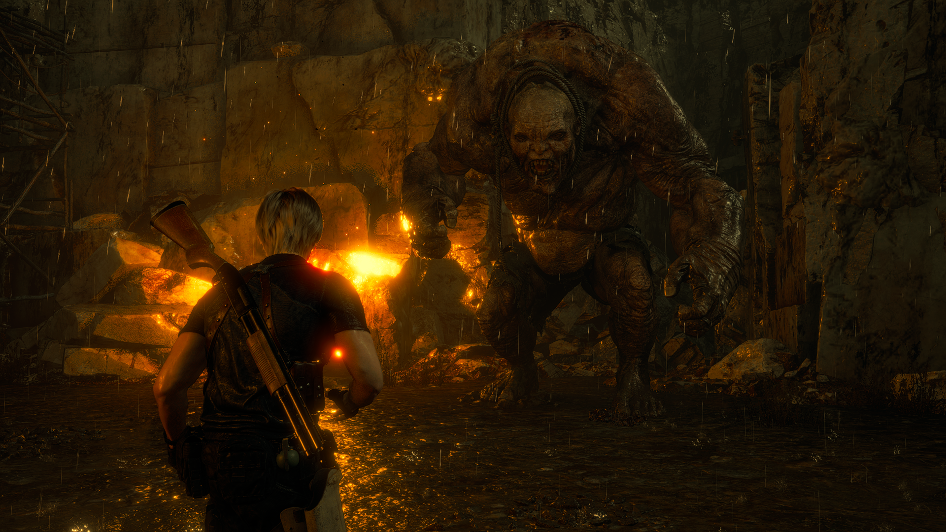 HD PC desktop wallpaper featuring a tense Resident Evil video game scene with a character facing a monstrous creature in a dark, fiery environment.