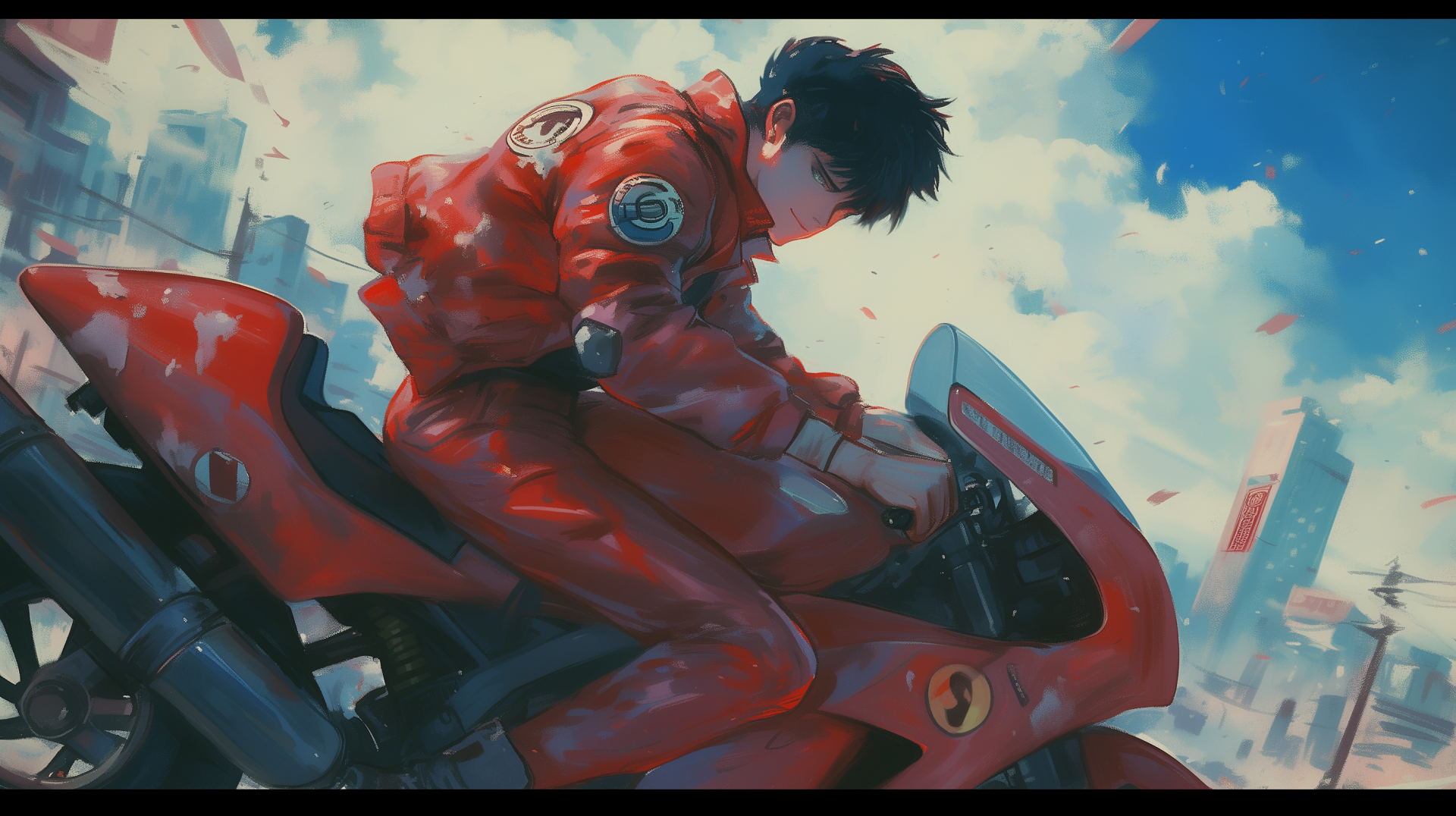 An HD wallpaper featuring Shotaro Kaneda from the anime Akira. He is riding his iconic red motorcycle against a cityscape background under a blue sky with scattered clouds.