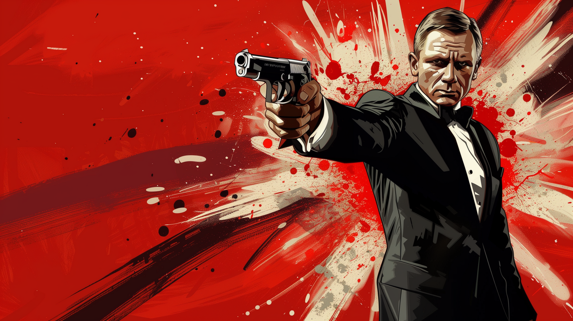 HD desktop wallpaper of Daniel Craig as James Bond, with a bold, red splattered background and Craig in a black tuxedo pointing a gun. Tags include: movie, 007, James Bond.