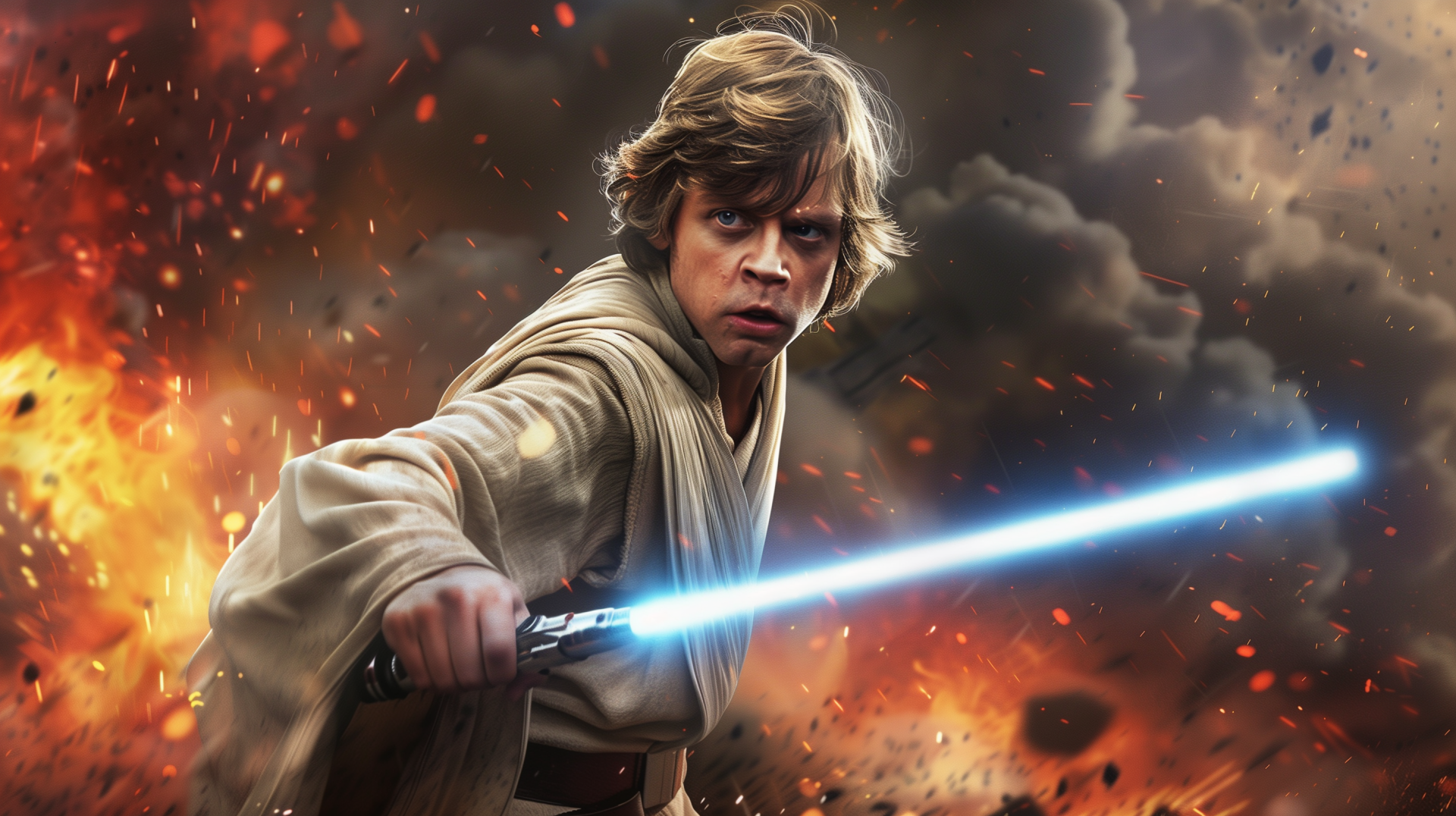 HD desktop wallpaper featuring Luke Skywalker (portrayed by Mark Hamill) wielding a blue lightsaber, surrounded by flames and smoke, embodying the essence of a Jedi in an action-packed scene from Star Wars.