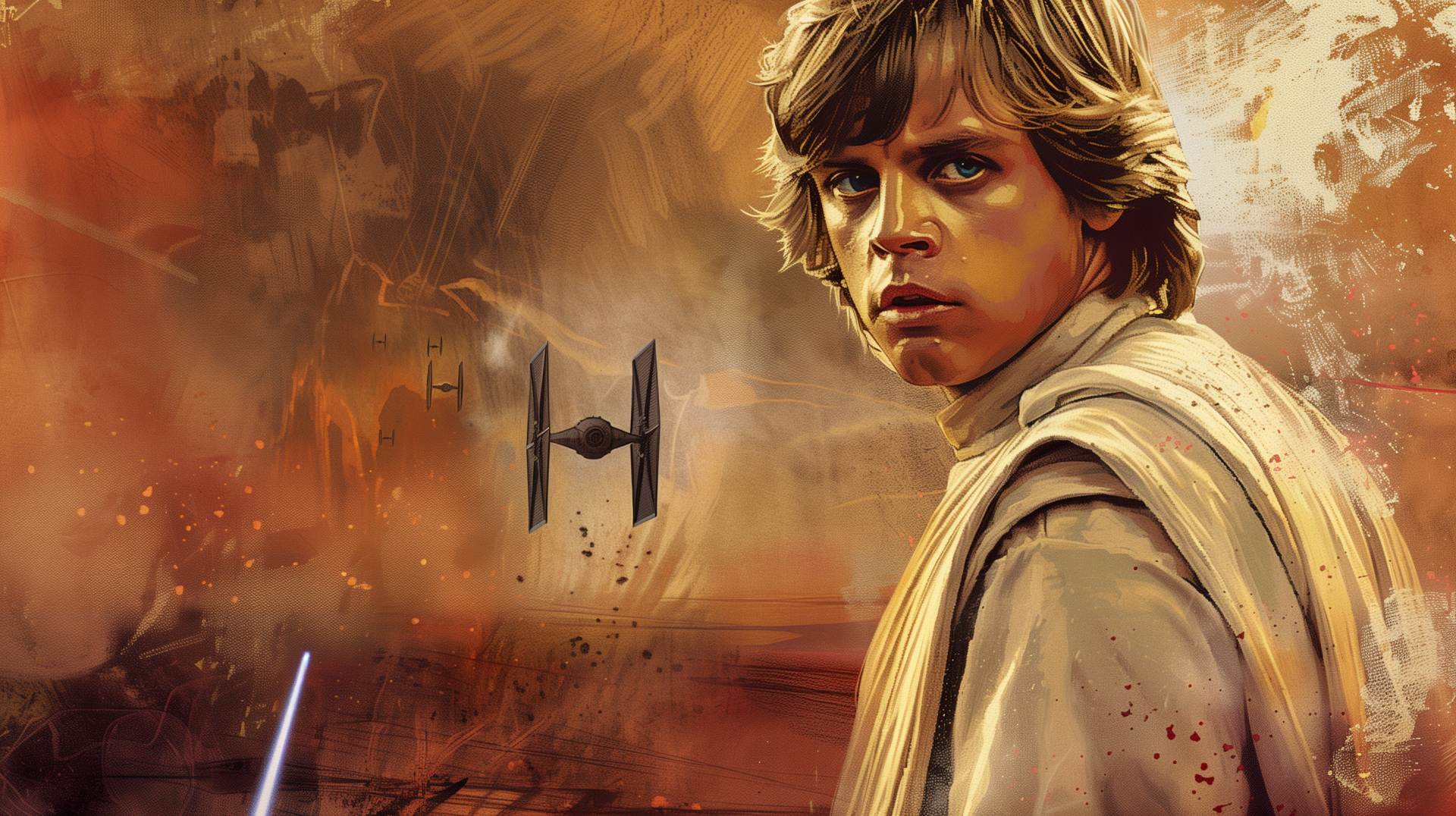 HD desktop wallpaper featuring Luke Skywalker, portrayed by Mark Hamill, from Star Wars. The image shows an intense scene with a TIE Fighter in the background and a lightsaber blade visible.