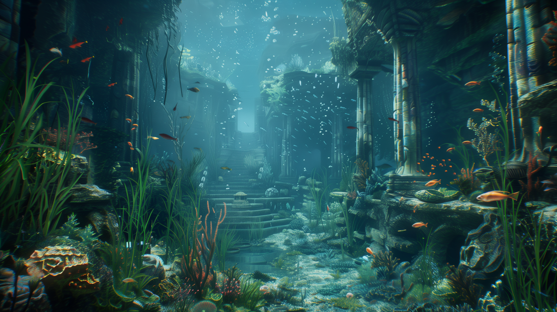 Underwater scene of Atlantis with vibrant corals, ancient ruins, and swimming fish, captured as a high-definition desktop wallpaper and background.