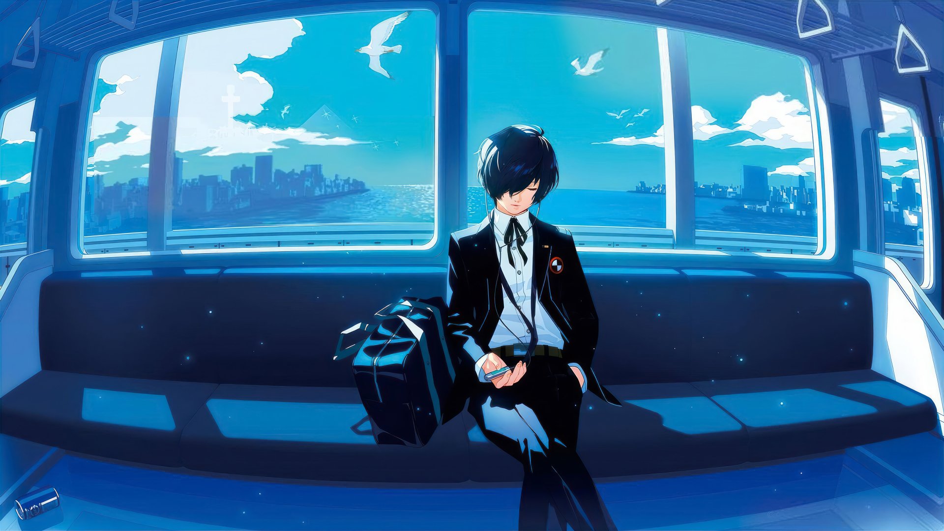 HD desktop wallpaper of Makoto Yuki from the video game Persona 3 Reload, sitting in a train with a serene cityscape and sky visible through the windows.