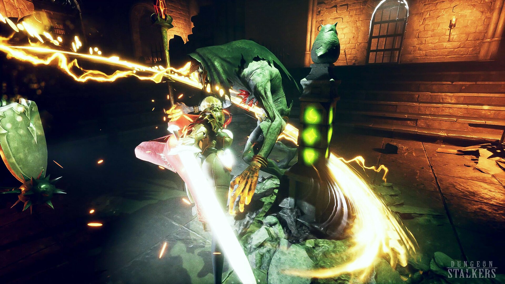 HD desktop wallpaper and background from the video game Dungeon Stalkers featuring an intense battle scene between a warrior and a monstrous creature illuminated by dynamic lighting effects.