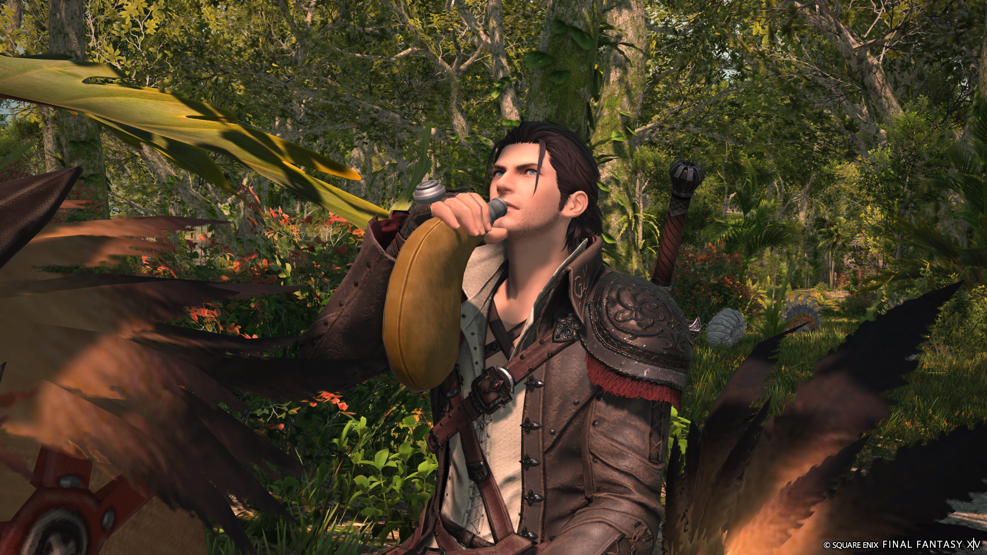 HD desktop wallpaper featuring a scene from the video game Final Fantasy XIV: Dawntrail, depicting a character drinking from a flask in a lush, green forest setting.