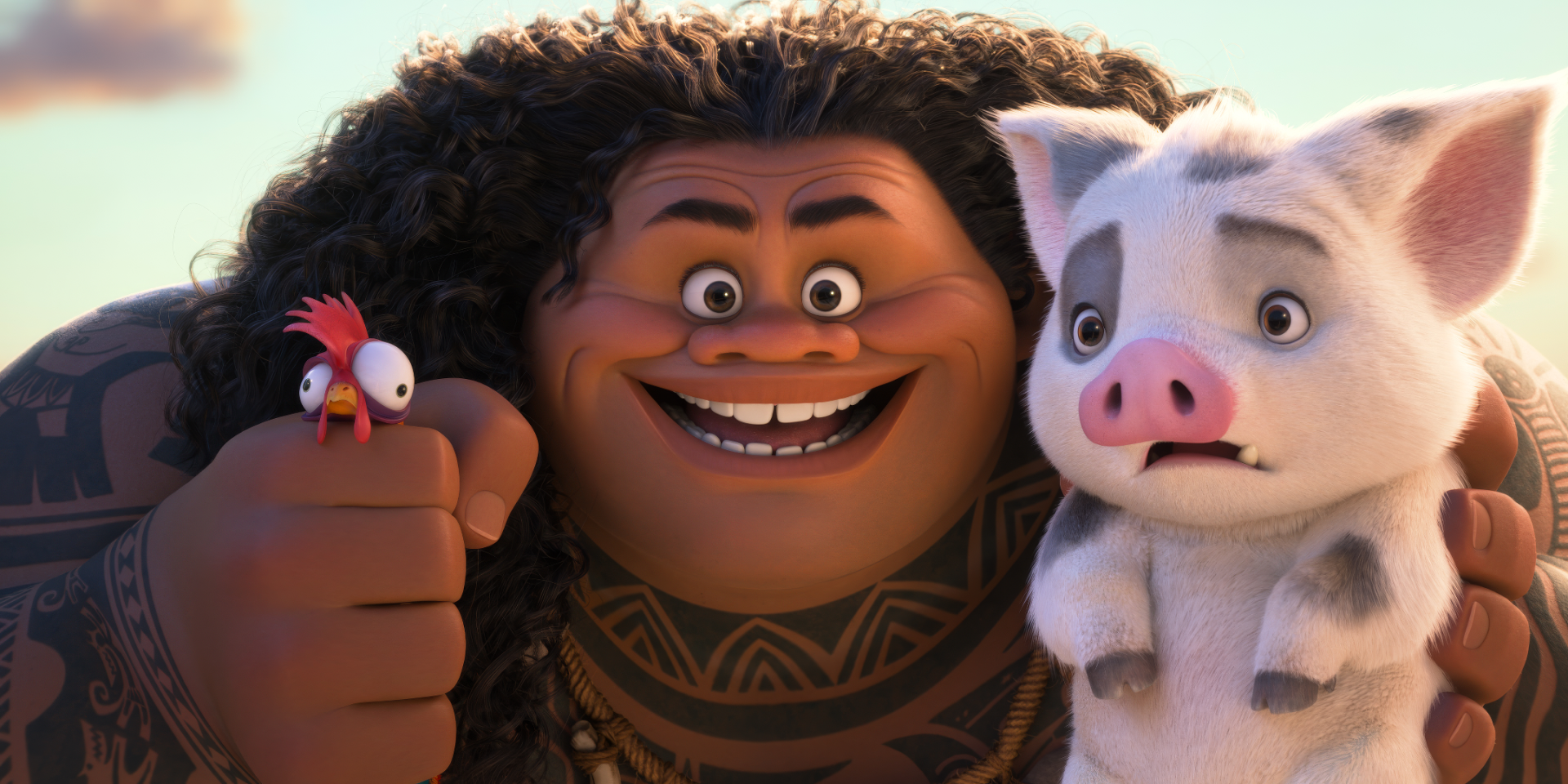 HD desktop wallpaper featuring a scene from the movie Moana 2, showing Maui holding a small rooster and a piglet.