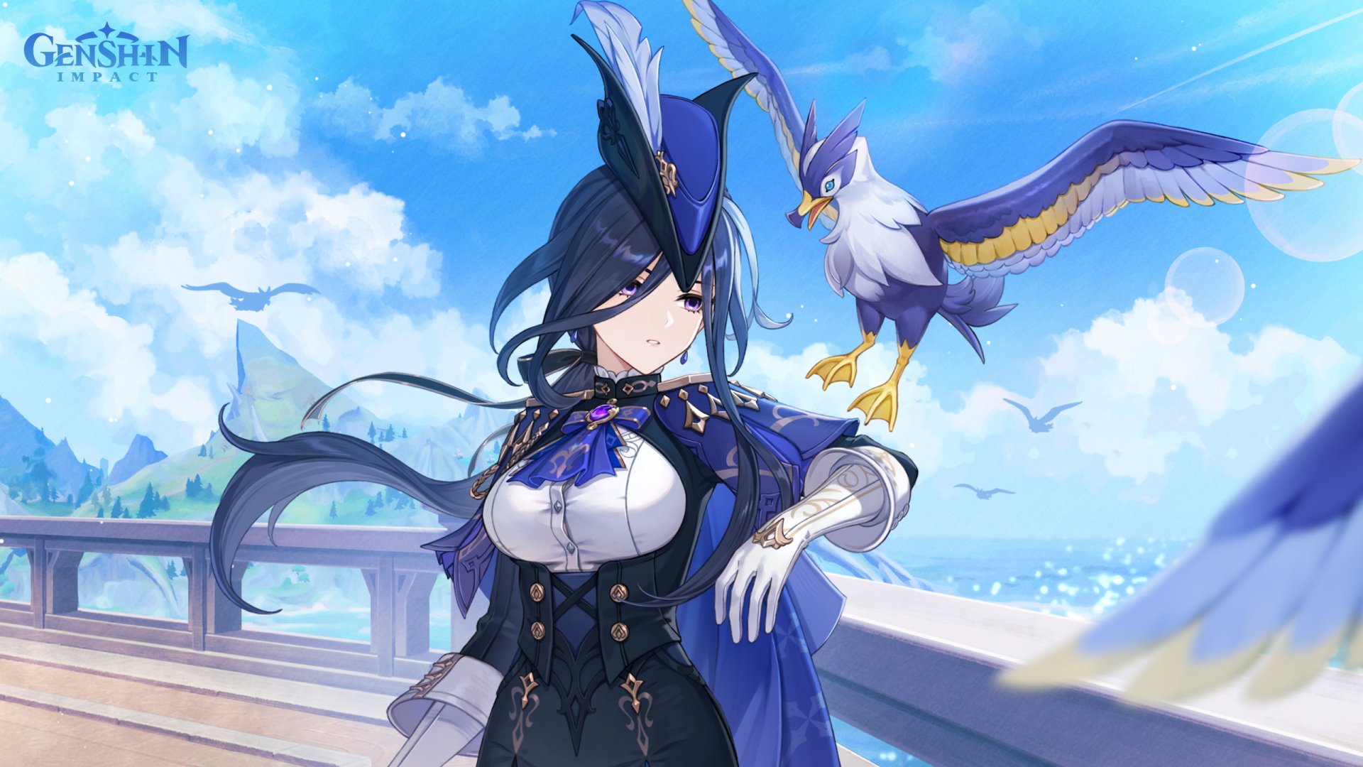 HD PC desktop wallpaper featuring Clorinde from Genshin Impact, standing confidently with a bird perched nearby against a bright, cloudy sky background.