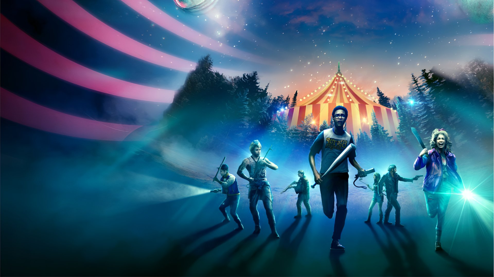 HD desktop wallpaper featuring characters from the game Killer Klowns from Outer Space: The Game, displaying a dramatic nighttime scene with a circus tent in the background and armed figures walking in the foreground.