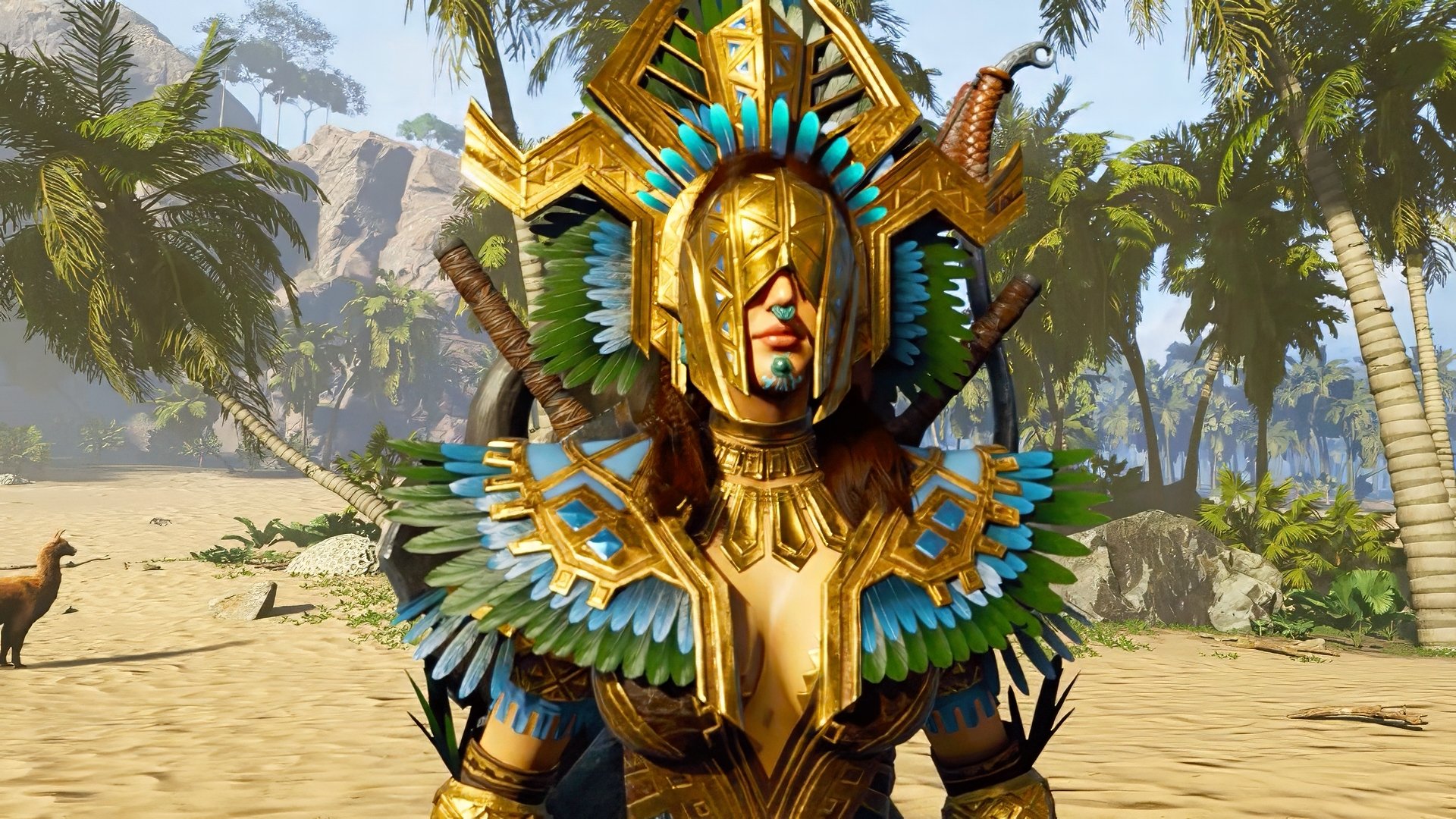 HD desktop wallpaper of a character from the video game Soulmask, featuring an elaborately dressed warrior with a golden mask and colorful feather adornments, set against a tropical background.