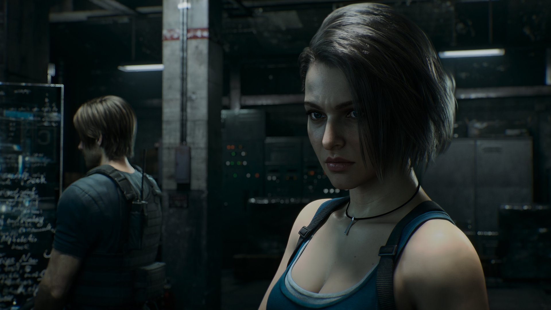4K Ultra HD wallpaper featuring Jill Valentine and Leon S. Kennedy from Resident Evil: Death Island, set in a dark, industrial environment.