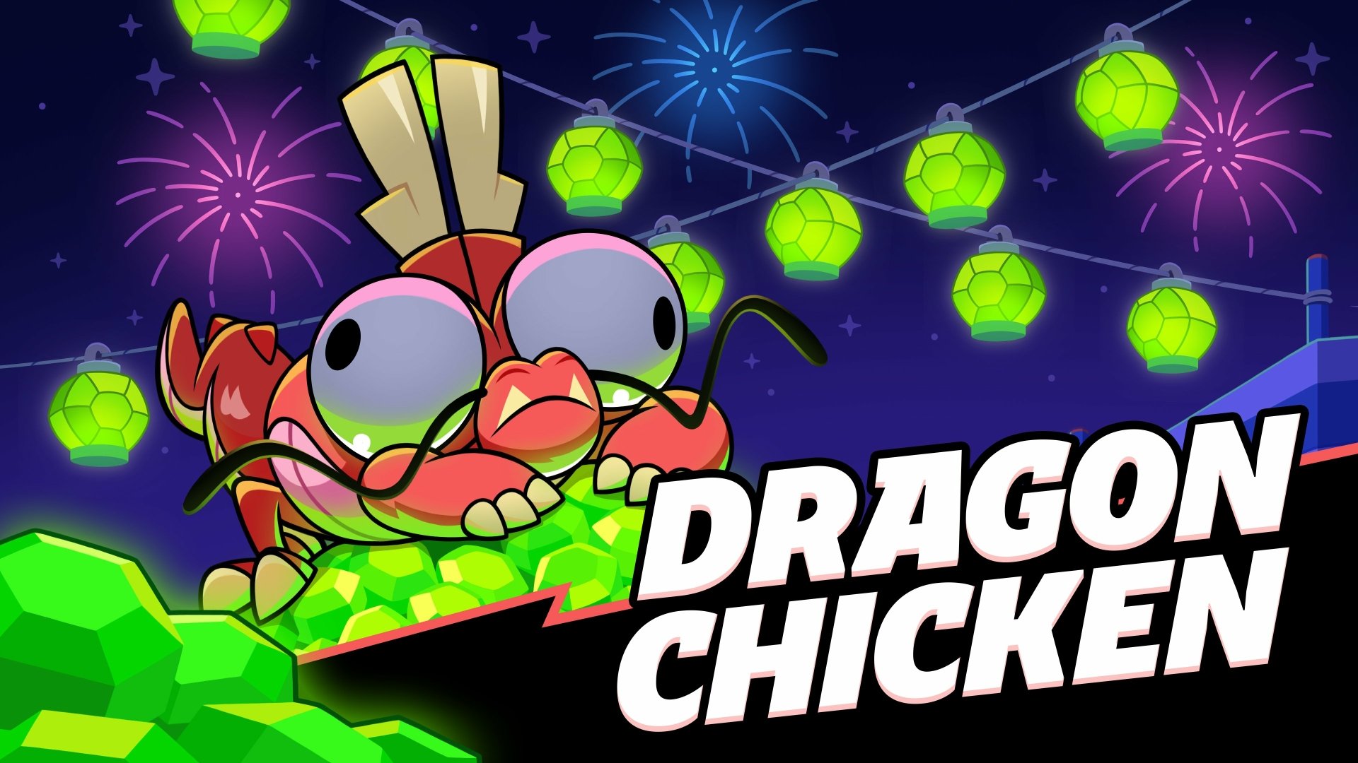 HD desktop wallpaper featuring a character from the video game Squad Busters, known as Dragon Chicken, with a vibrant background of fireworks and green lanterns.