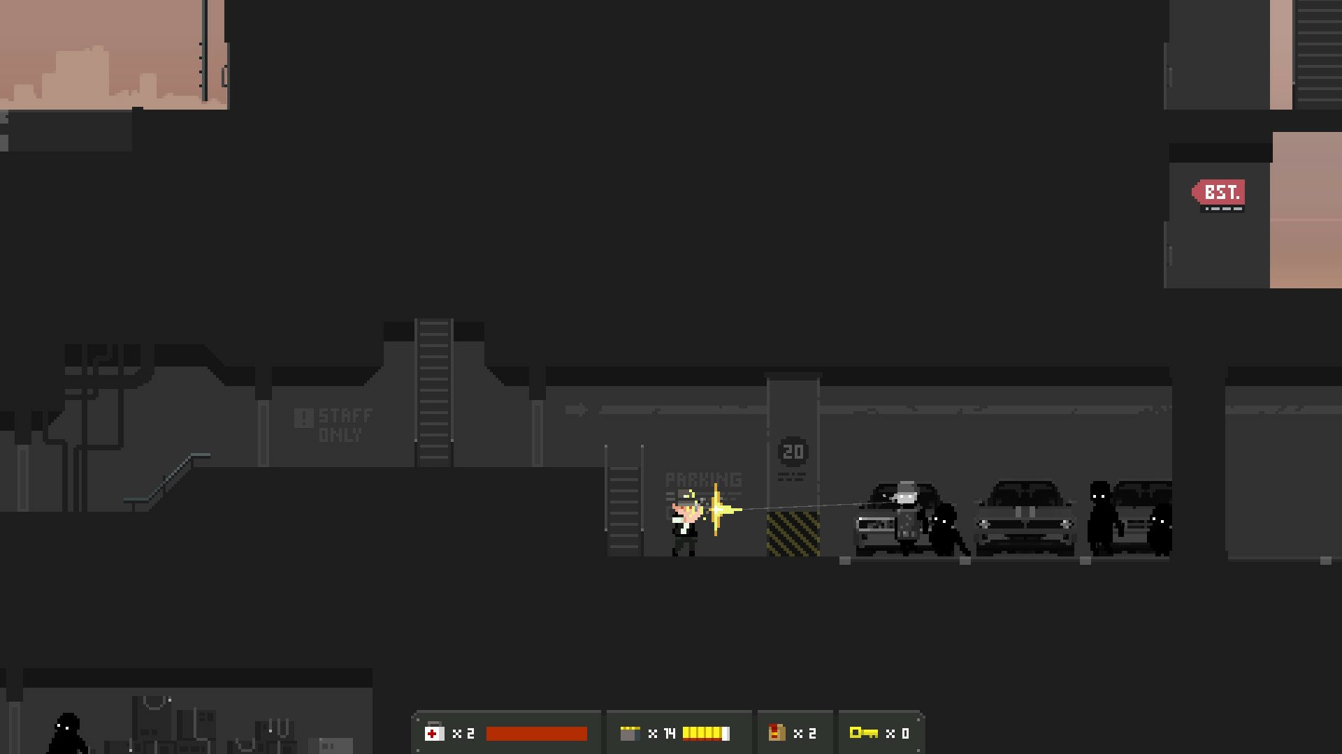 HD desktop wallpaper showcasing the video game The Final Station. The scene features a character shooting in a dark, underground parking lot with several parked cars in the background.