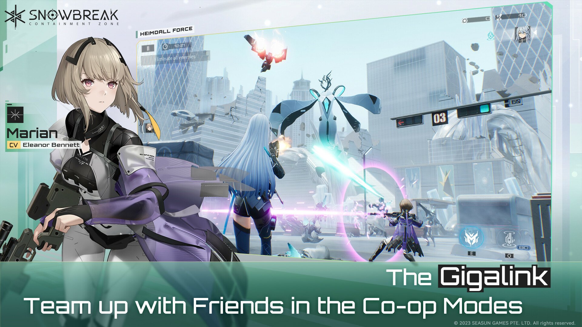HD desktop wallpaper of Snowbreak: Containment Zone, featuring characters in an intense battle scene. Text in the image encourages teaming up with friends in Co-op Modes.