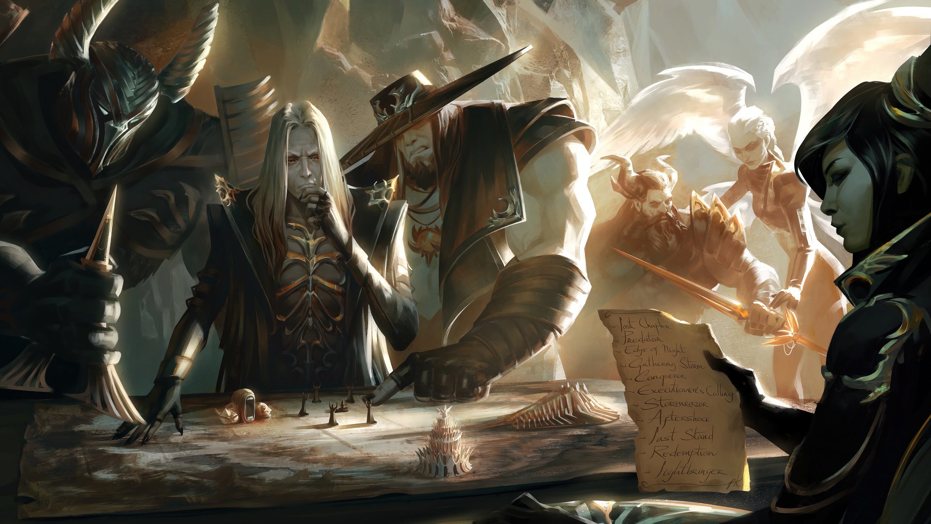 HD desktop wallpaper of Pentakill band members from League of Legends, featuring Yorick and Mordekaiser engaging in a strategy meeting. Atmospheric and intense, depicting the fantasy game's dark theme.
