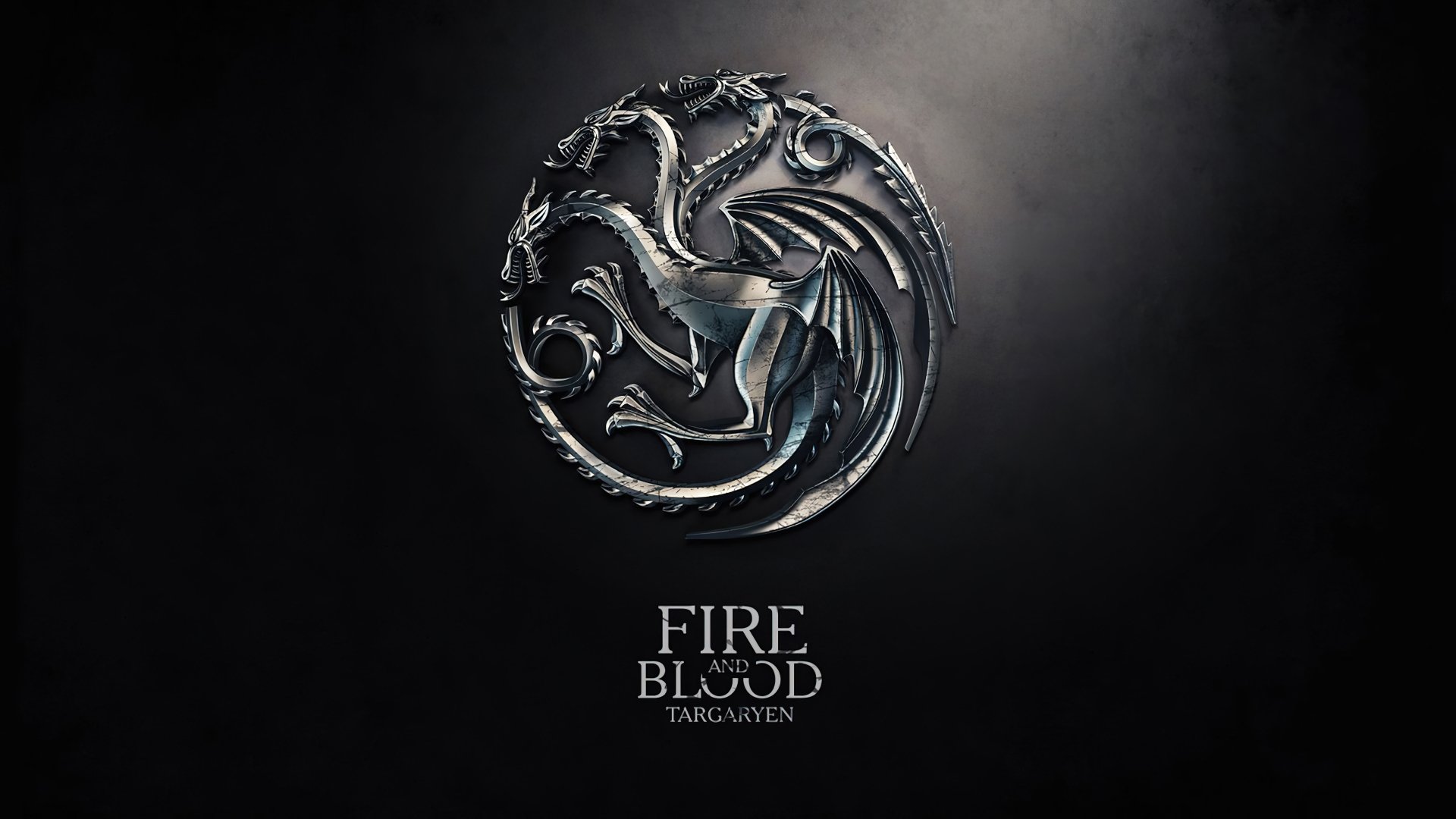 High-definition desktop wallpaper from the TV show House of the Dragon, featuring the Targaryen sigil with a dragon and the words Fire and Blood against a dark background.