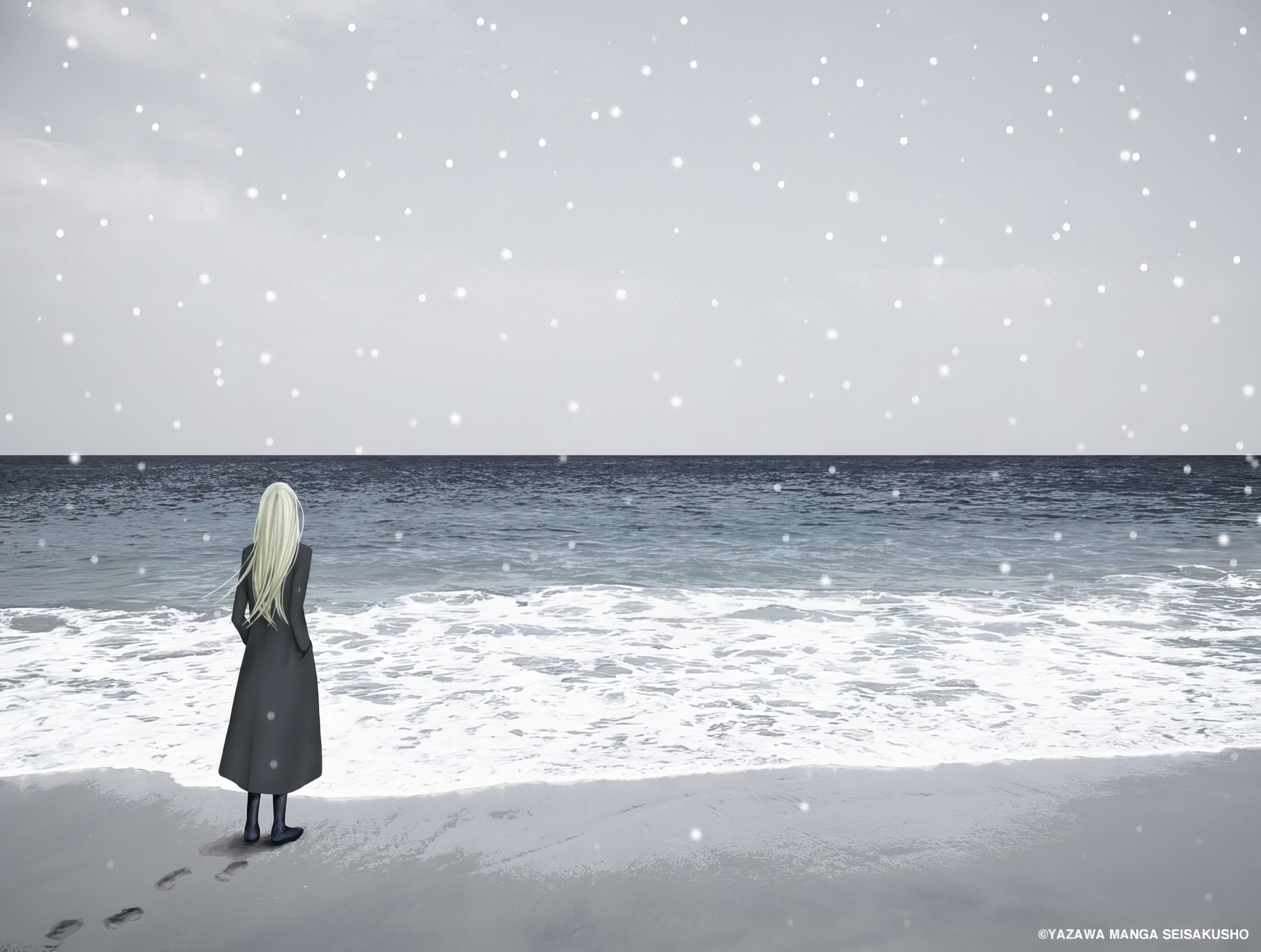 Anime character Nana stands alone on a snowy beach, gazing at the ocean under a grey sky. This HD desktop wallpaper captures a serene and contemplative moment.
