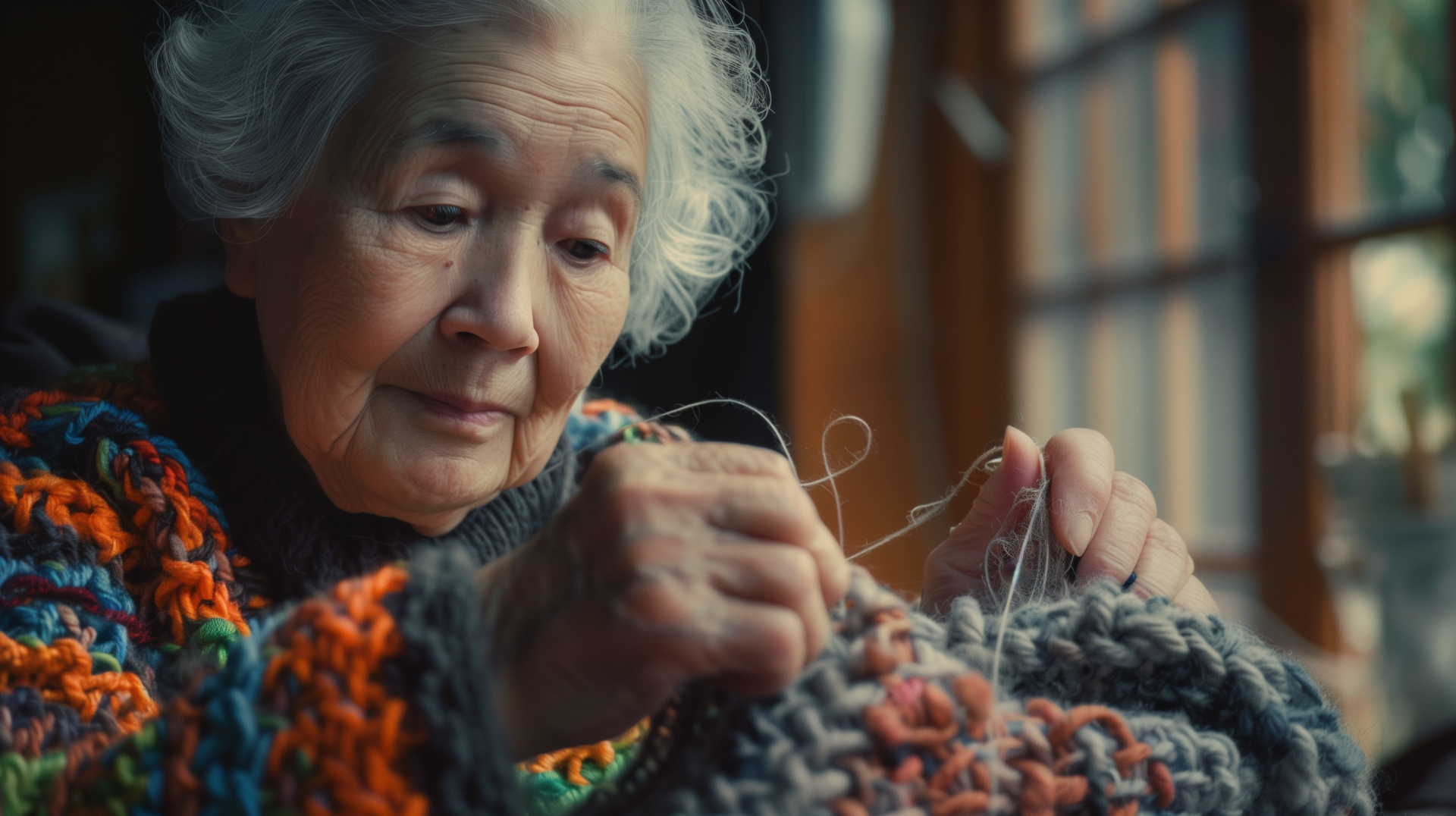 HD wallpaper of a grandmother knitting, focused intently on her work with soft natural light streaming through a nearby window.