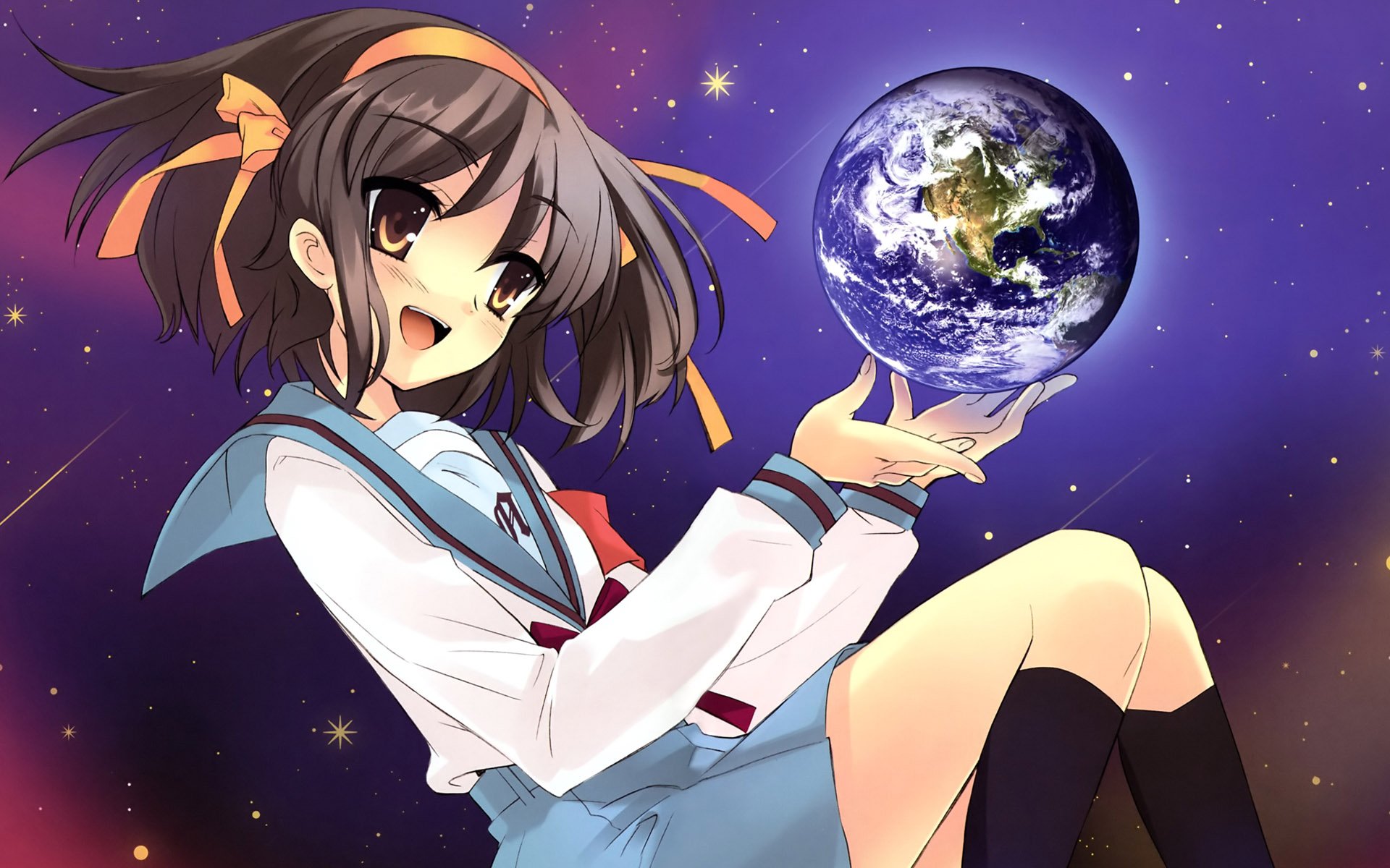 Haruhi Suzumiya from The Melancholy of Haruhi Suzumiya — anime HD PC desktop wallpaper of a smiling schoolgirl in uniform floating against a starry purple sky, holding a glowing Earth.