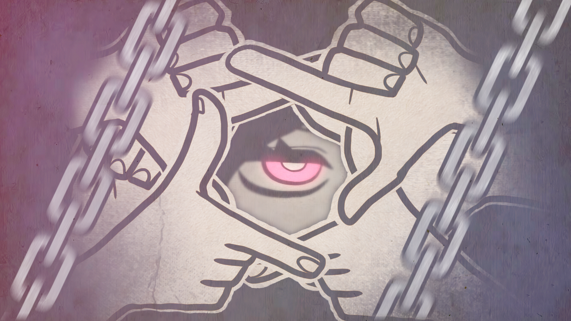 HD desktop wallpaper of The Coffin of Andy and Leyley video game featuring a stylized eye framed by hands and surrounded by chains.