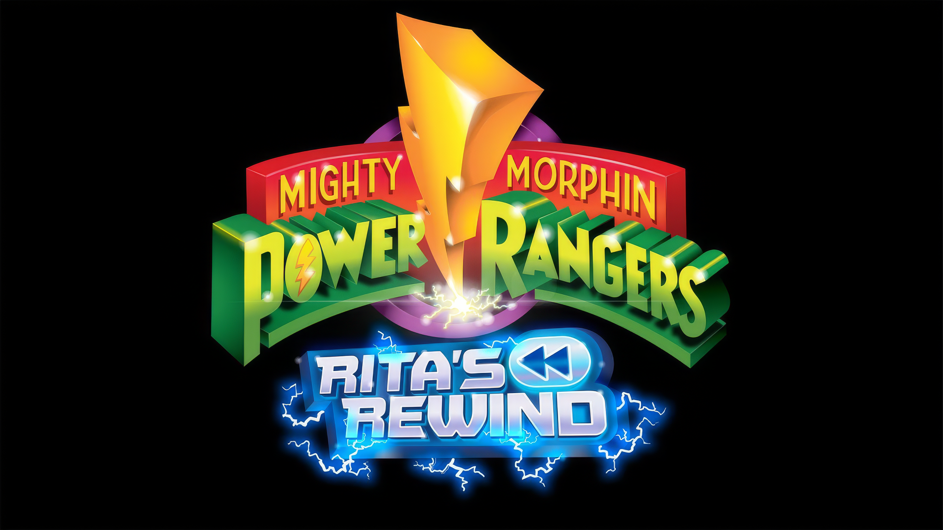 HD desktop wallpaper for the video game Mighty Morphin Power Rangers: Rita's Rewind, featuring the game's logo with vibrant colors and electric effects.