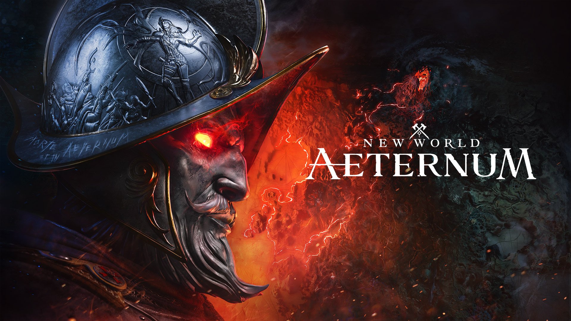 HD wallpaper of the video game New World, featuring a close-up of a character with glowing red eyes and a detailed helmet, set against a fiery background displaying the game's title, Aeternum.