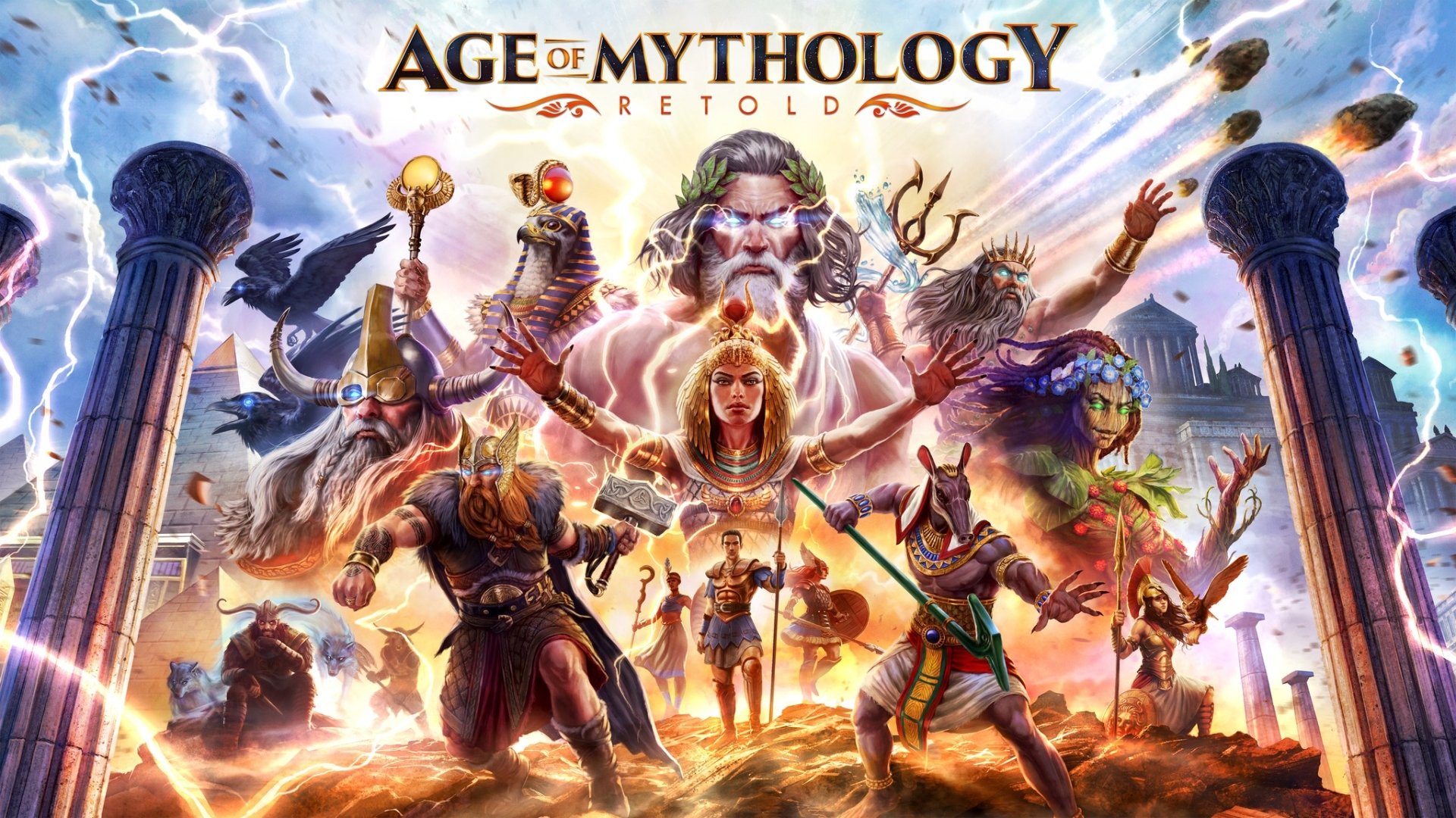 HD desktop wallpaper background featuring various mythological characters from the video game 'Age of Mythology: Retold,' set against a dynamic and vibrant backdrop.