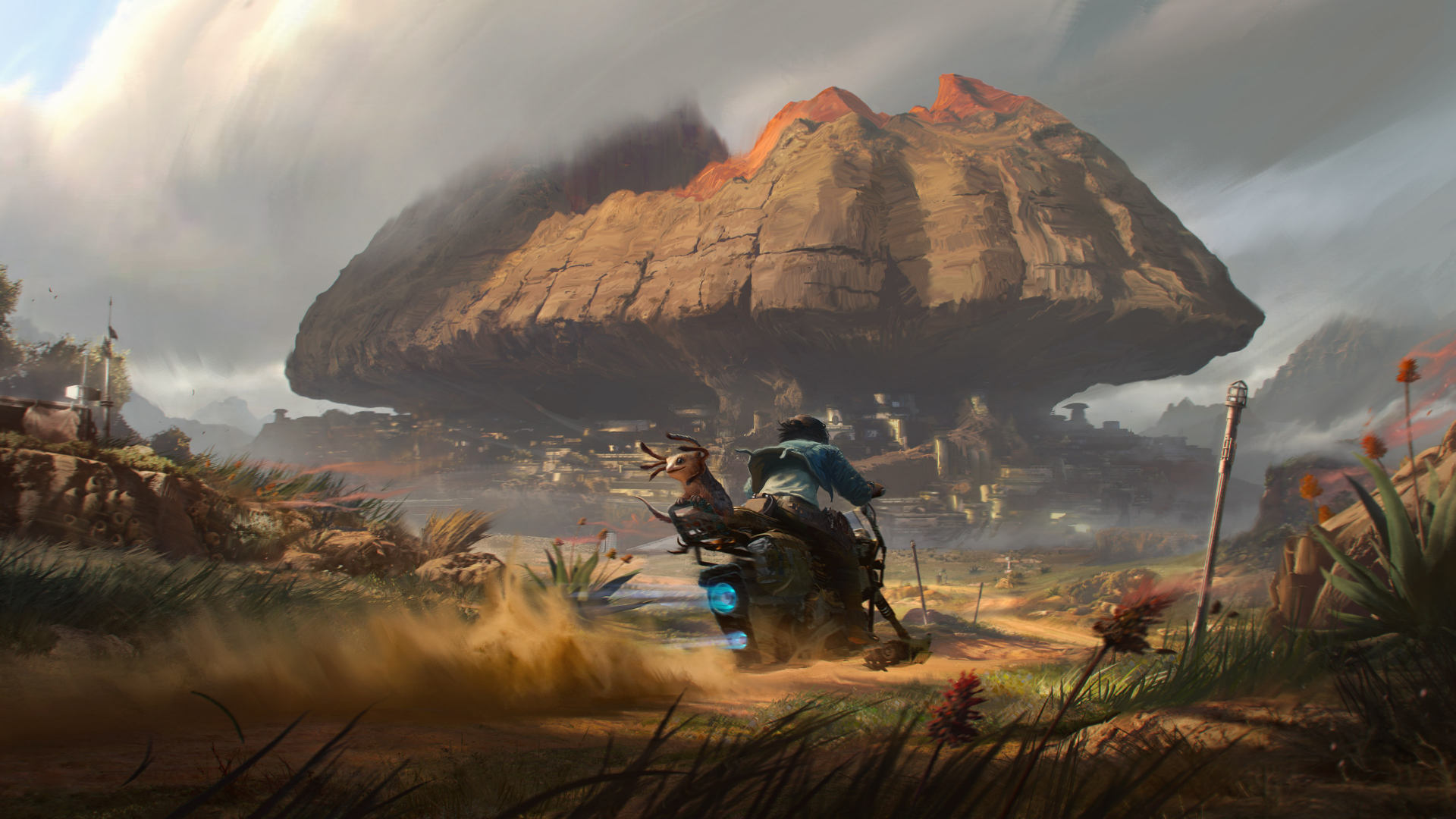 HD desktop wallpaper of 'Star Wars Outlaws' video game, featuring a dynamic landscape with a character on a hoverbike racing towards a large, rocky outcrop under a dramatic sky.