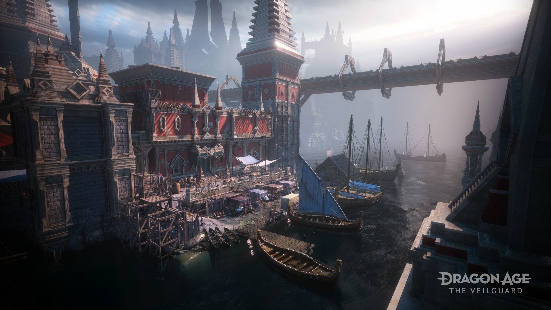 HD wallpaper and background image from the video game Dragon Age: The Veilguard, featuring a detailed coastal city with boats docked near elaborate buildings and a bridge.