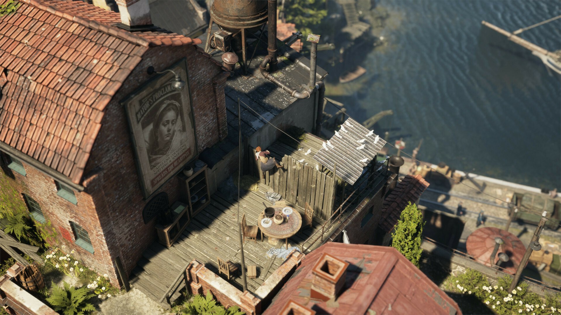 A HD desktop wallpaper from the video game Eriksholm: The Stolen Dream, depicting a detailed, rooftop scene in a coastal village.