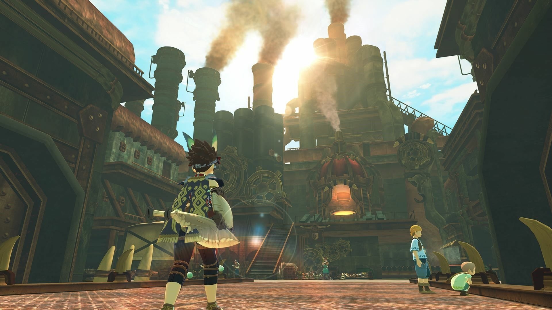 A high-definition desktop wallpaper and background from the video game Monster Hunter Stories 2: Wings of Ruin, depicting a character standing in front of an industrial building with smokestacks.